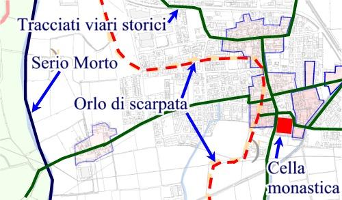 Schema degli orli e dei tracciati viari storici di Madignano